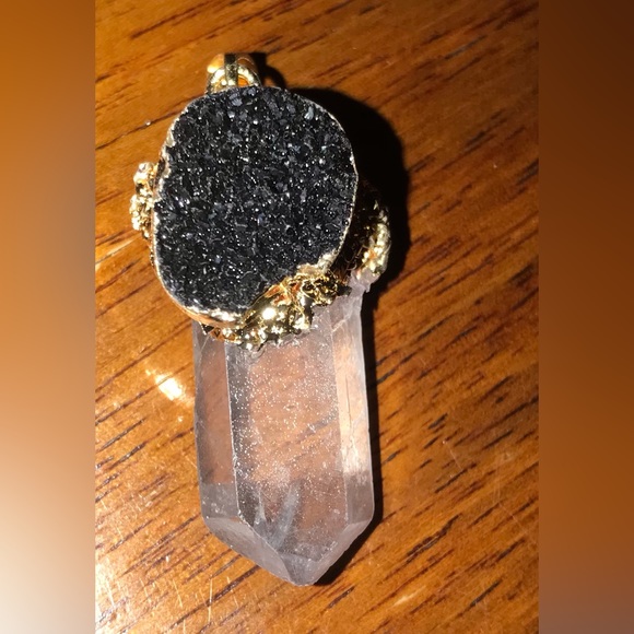 “Black Druzy & Clear Quartz” Crystal Pyramid Terminated Point Wand Gold Necklace - Picture 7 of 16